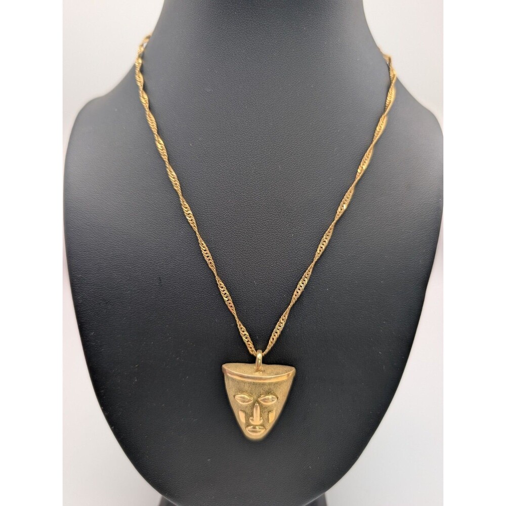 Vintage Gold Tone Tribal Face Mask Pendant Necklace Modernist Abstract Statement